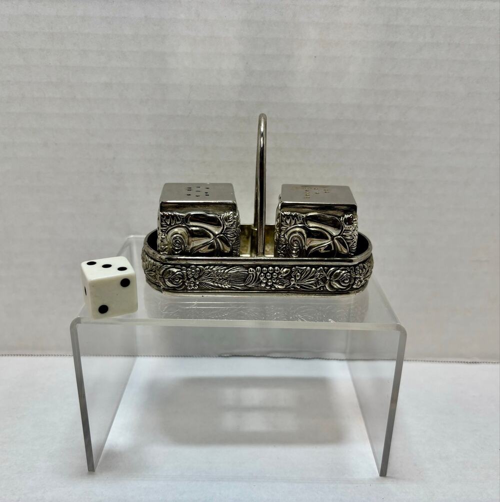 Vintage silver plated cube salt and pepper shakers with holder embossed 3pc set